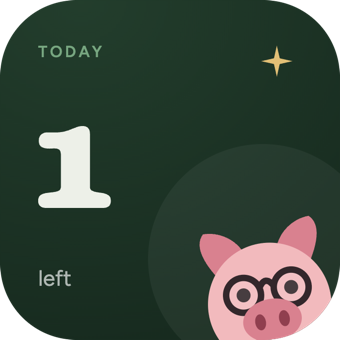 The Today widget: one review left, with the pig looking in over the corner.